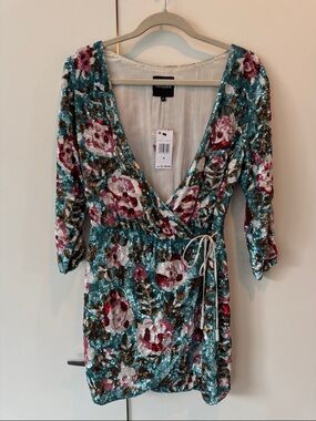 NWT Retrofete Sequin Floral Mini Wrap Dress